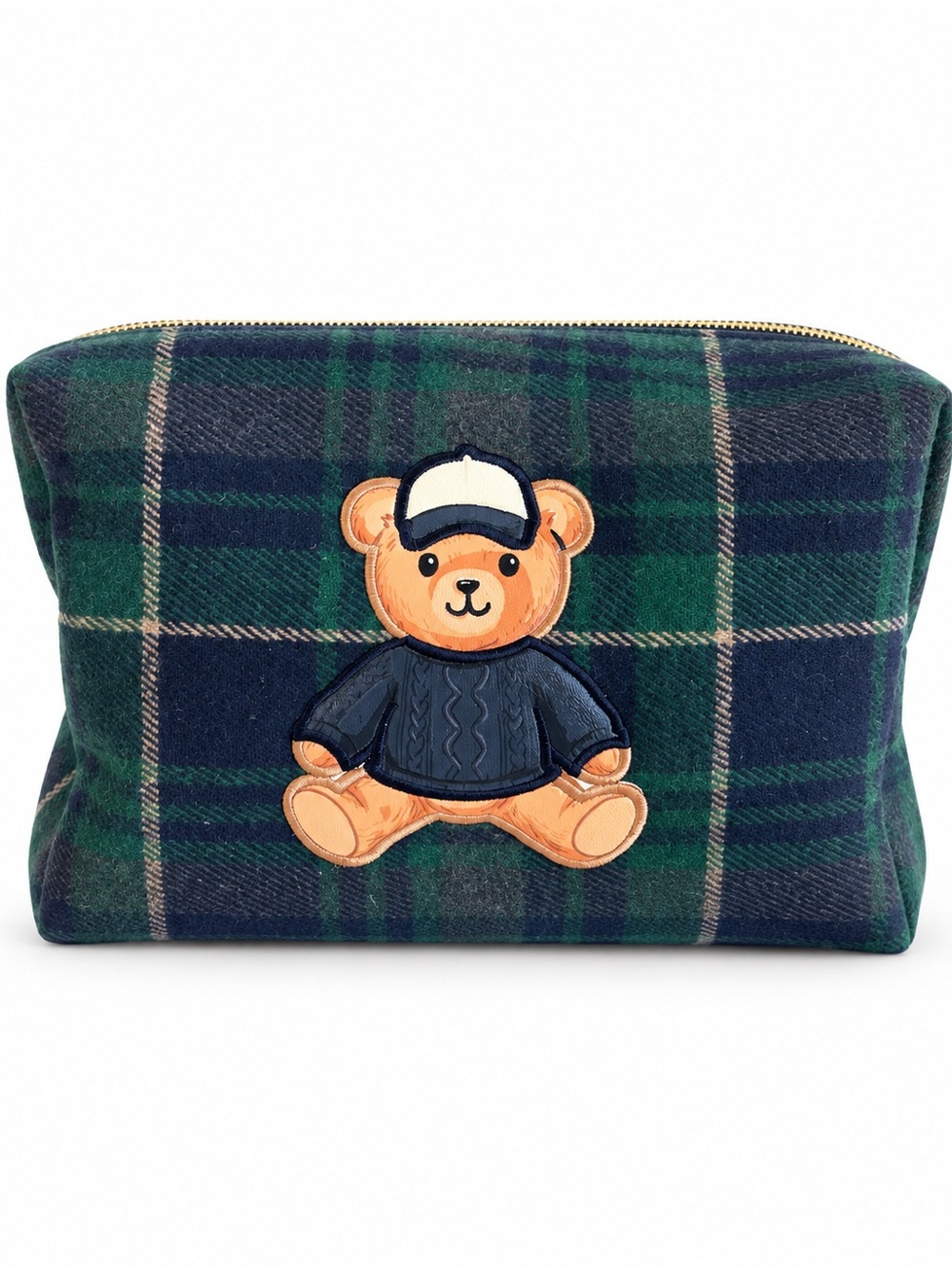 Kids Plush Bear Plaid Accessory Pouch in Green and Navy